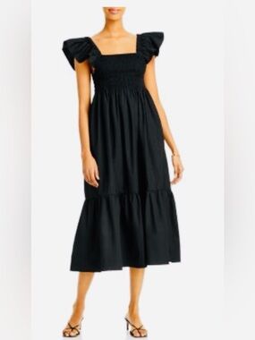 Black Smocked Square-Neck Midi Dress with Ruffle Sleeves